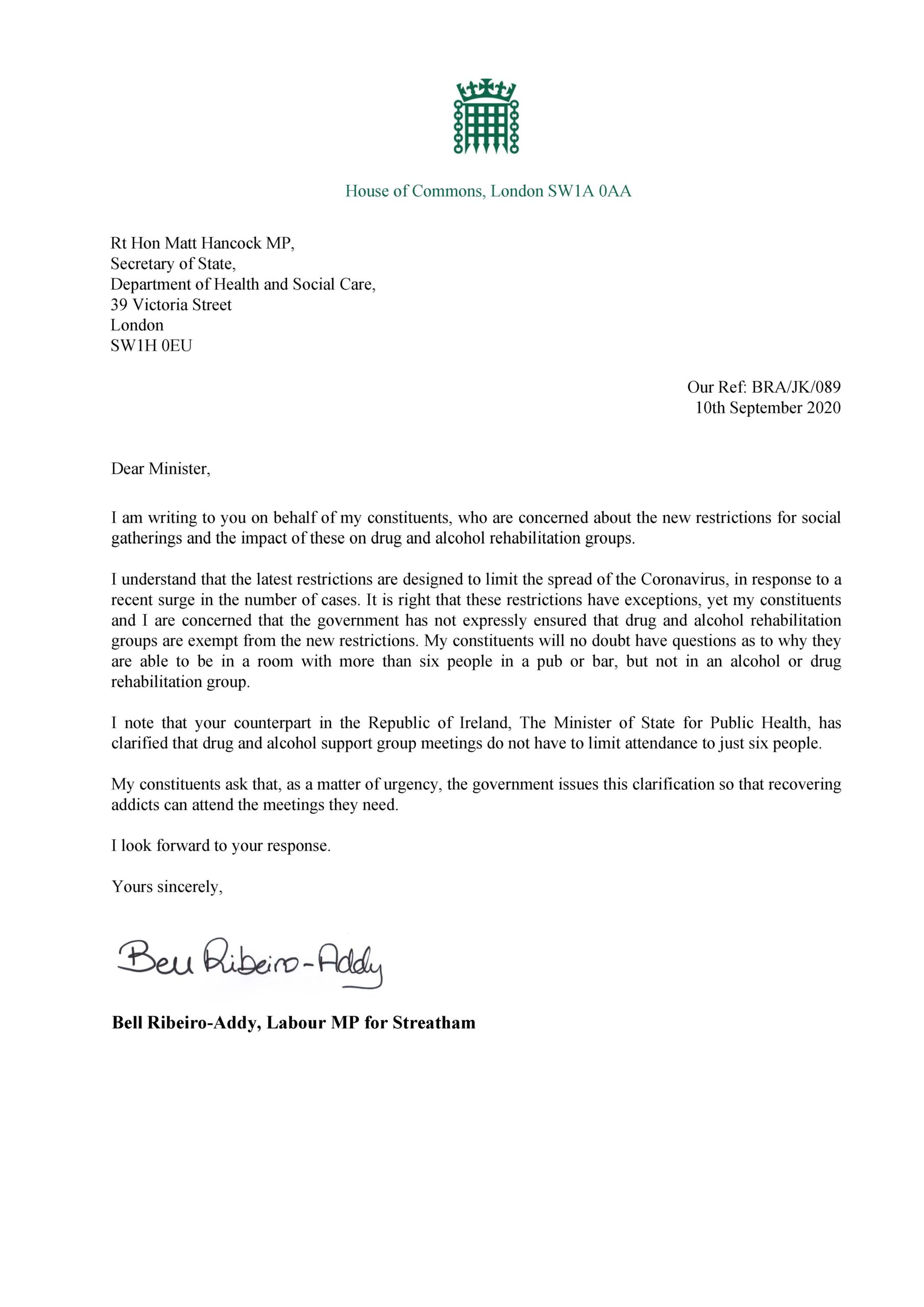 Letter to the Health Secretary - 15th September 15 - Bell
