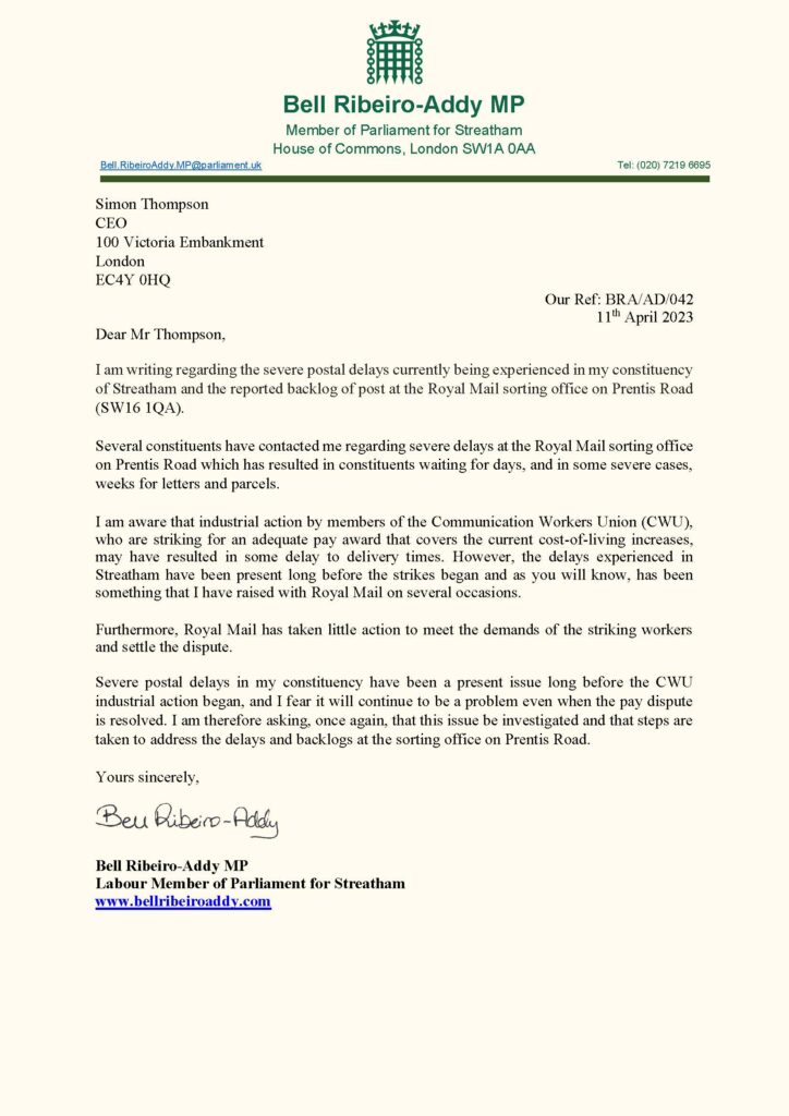 Letter from Bell to Royal Mail CEO Simon Thompson