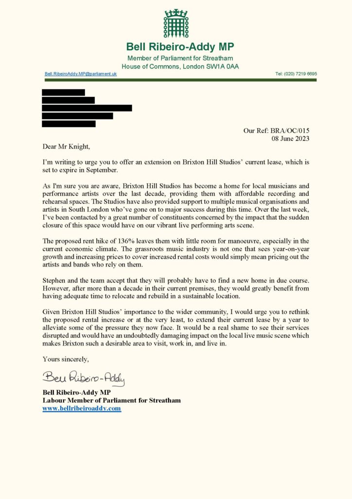 Bell's letter to Lexadon properties urging them to rethink the rent rise inflicted on Brixton Hill Studios or extend their lease.
