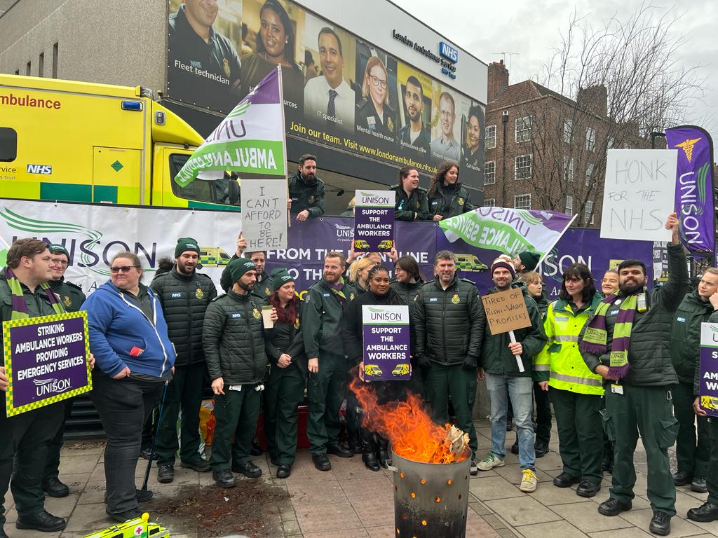 Bell on the picket line at Waterloo Ambulance Station with striking ambulance workers