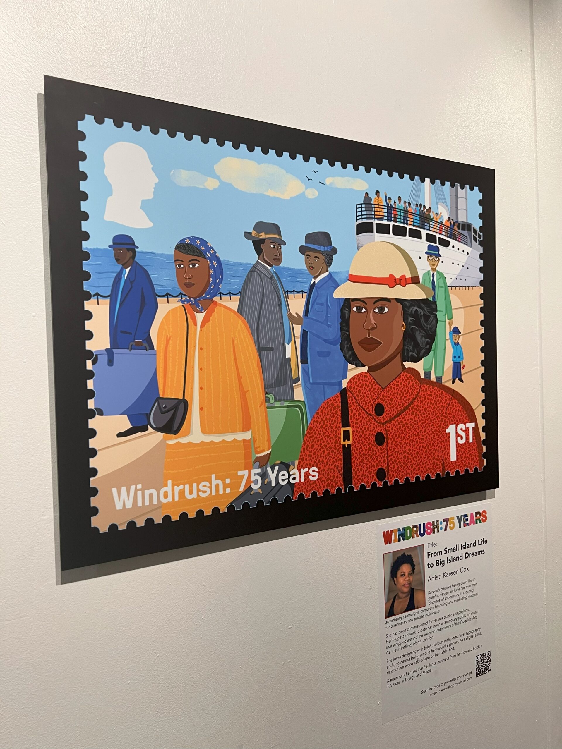 Design that shows Windrush migrants arriving in the UK aboard a ship: 'From Small Island Life to Big Island Dreams'