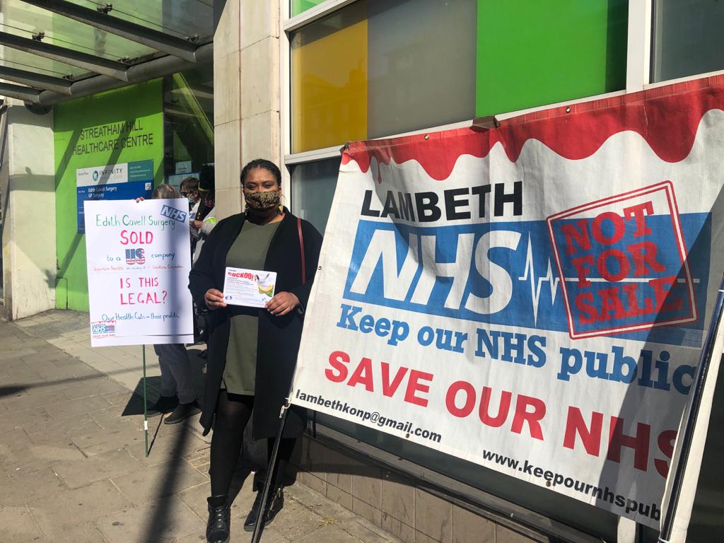 Bell protests with Lambeth Keep Our NHS Public outside the recently sold off Edith Cavill Surgery.