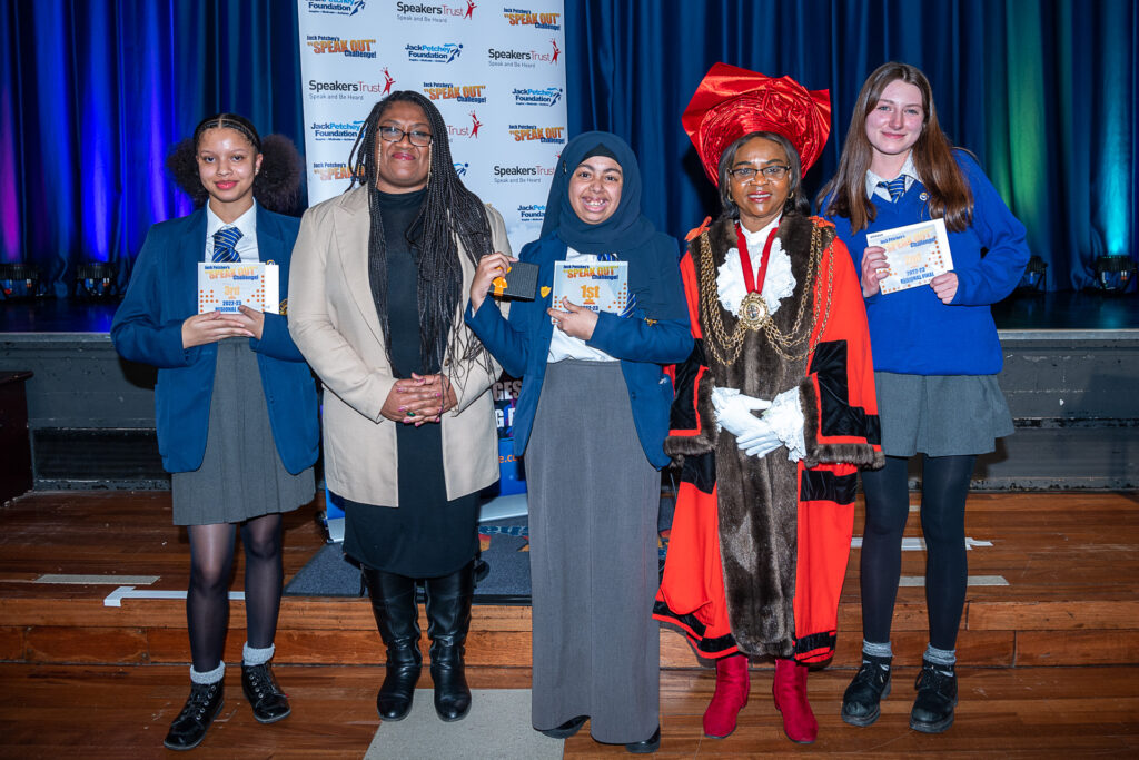 Bell poses with the winners of the Jack Petchey "Speak Out" Challenge. 